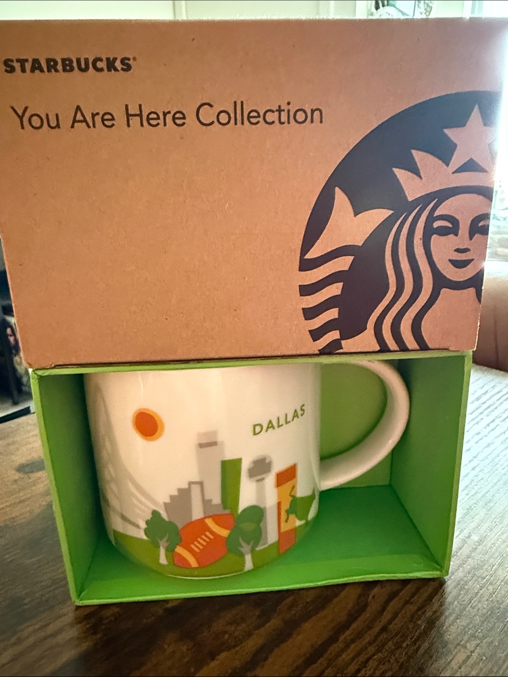 Starbucks White Mug with Green Interior and Orange Accents - Dallas